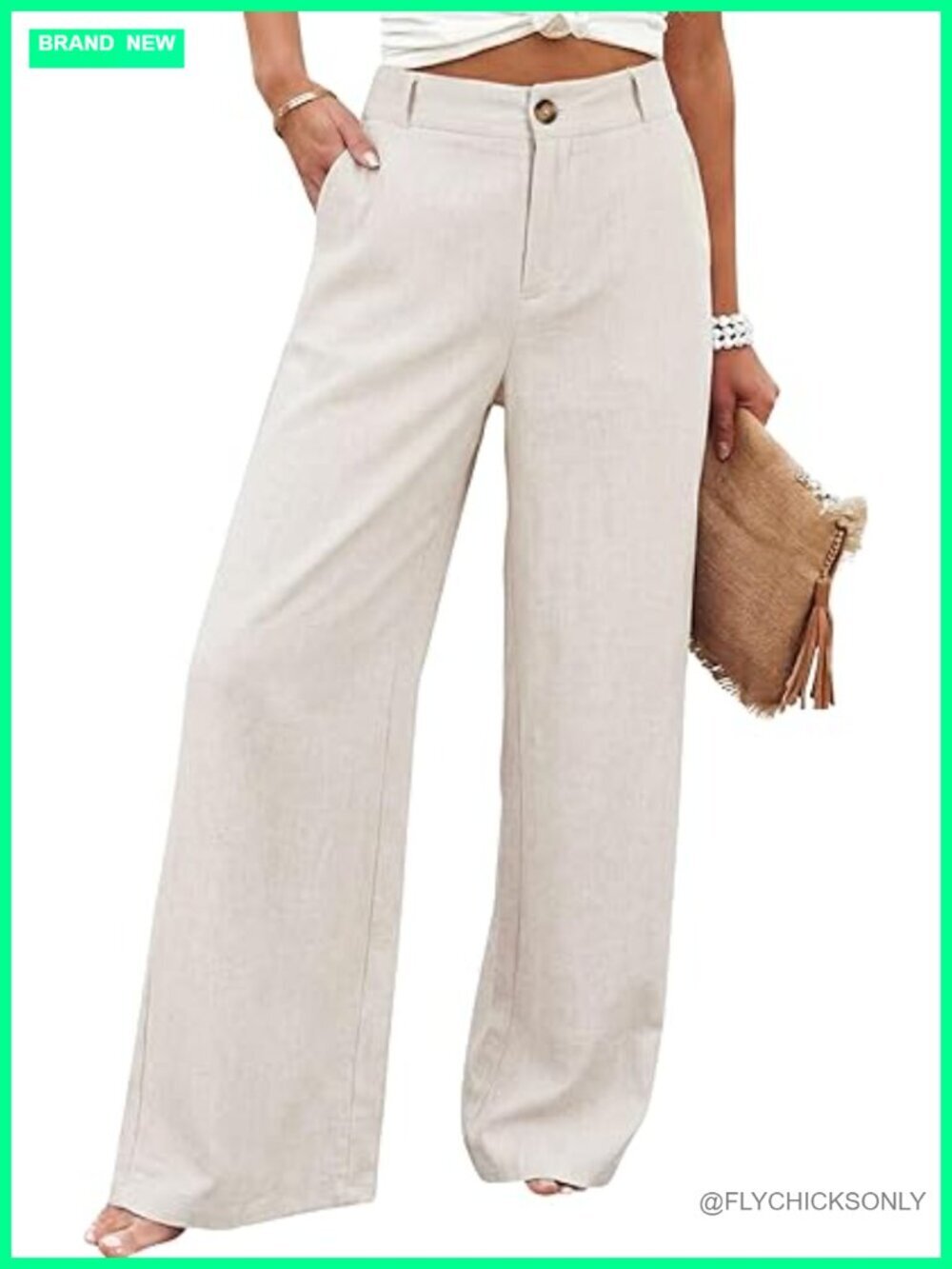 Cotton Linen High Waist Wide Leg Trousers Button Front Elastic Back